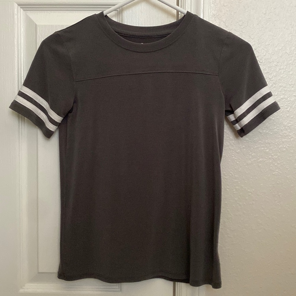 Gray top with white striped sleeves